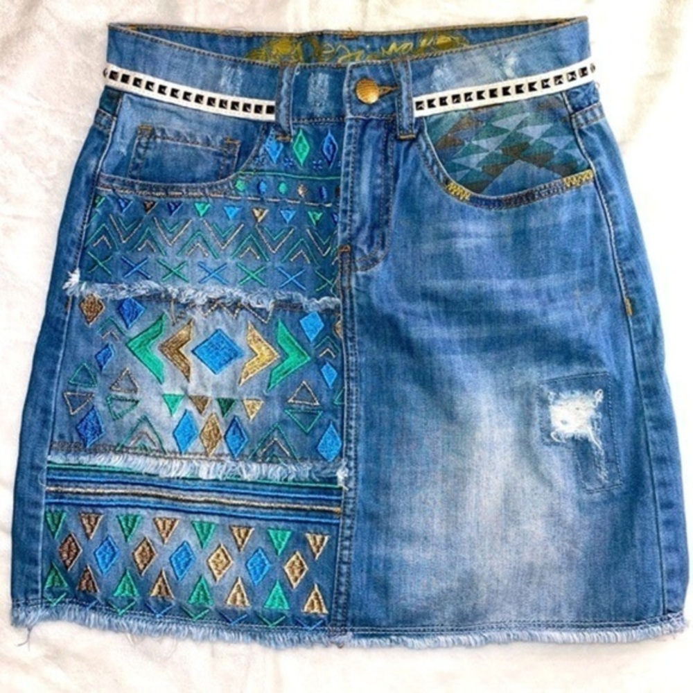 Desigual Segovia Exotic Jeans Embroidery Mini Denim Skirt/Sz:24/xs